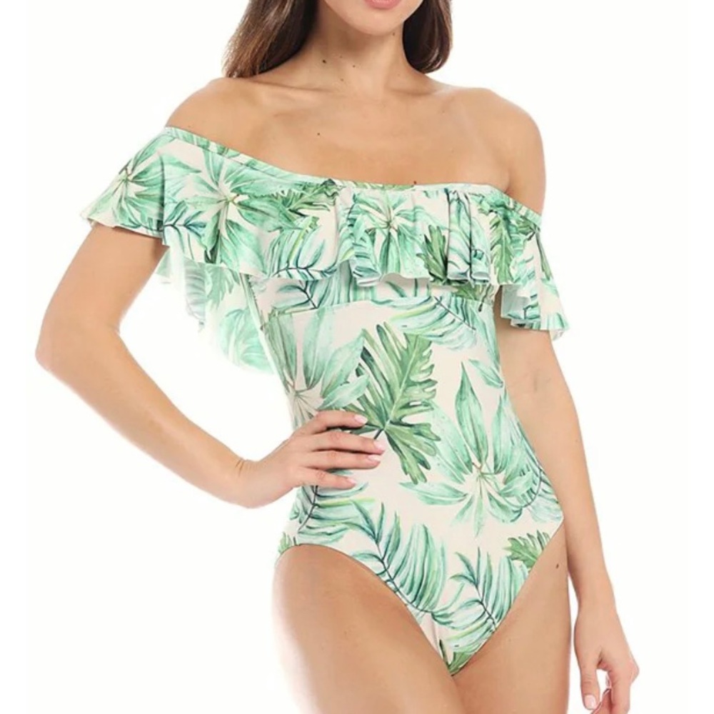 Gianni Bini Off-Shoulder Ruffle One Piece Swimsuit XS Lush Cream Green Palm